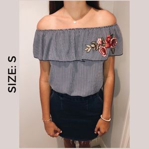 Navy blue and white stripe off the shoulder top